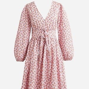 J. Crew Pink and White V-Neck Sundress with Bishop Sleeves